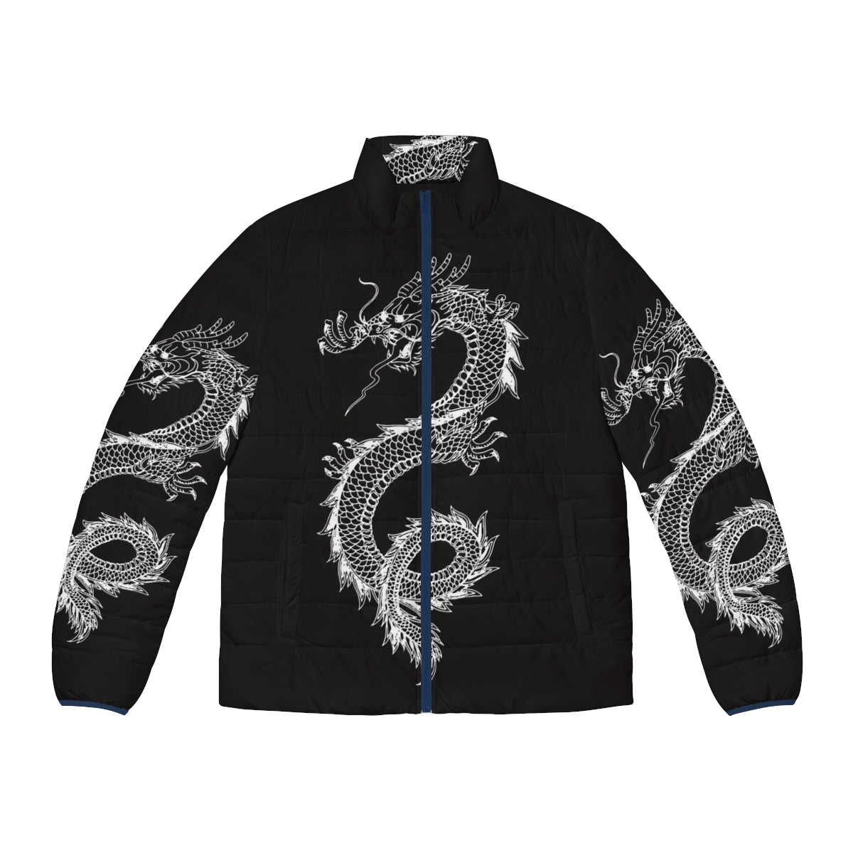 A stylish puffer jacket featuring a cool dragon silhouette design from the legendary animals collection.