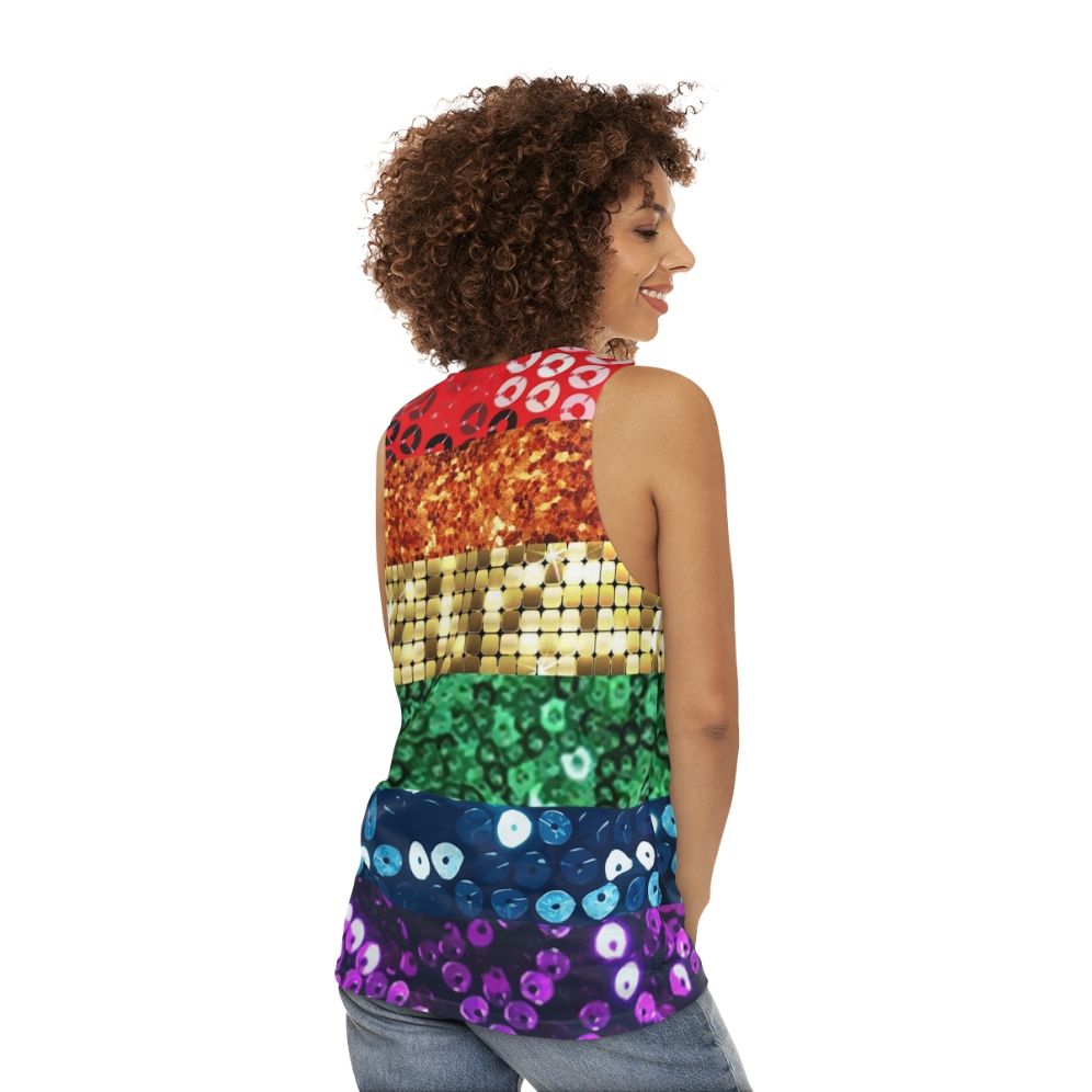 Unisex sequin pride flag graphic tank top - women back