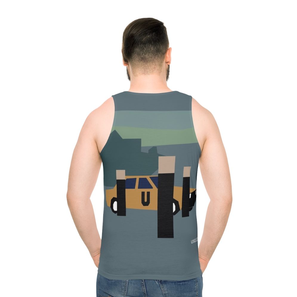 Minimalist unisex tank top with retro electronic music design - men back