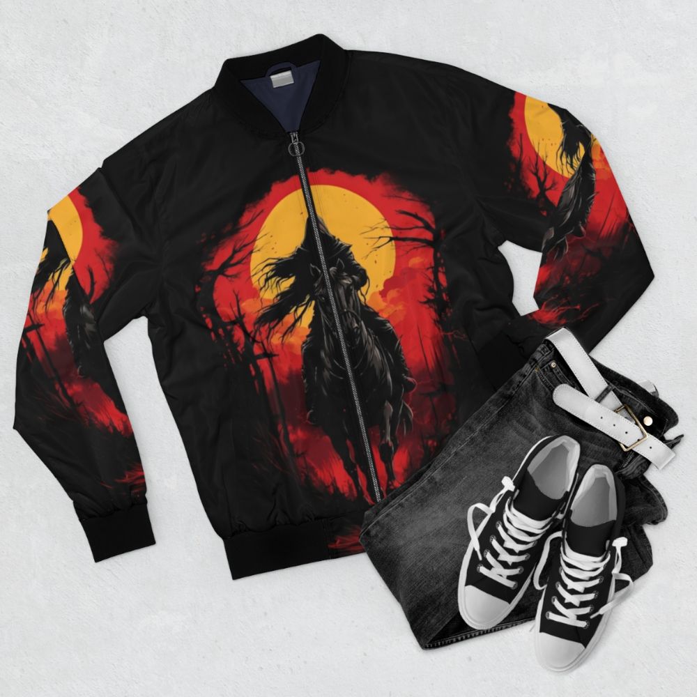 Horseman bomber jacket in a dark, spooky design - Flat lay