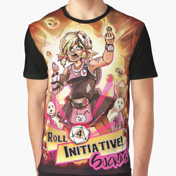 A graphic t-shirt design featuring the text "Roll for Initiative Suckas!" with dice and Borderlands-inspired elements, perfect for Borderlands fans and gamers.