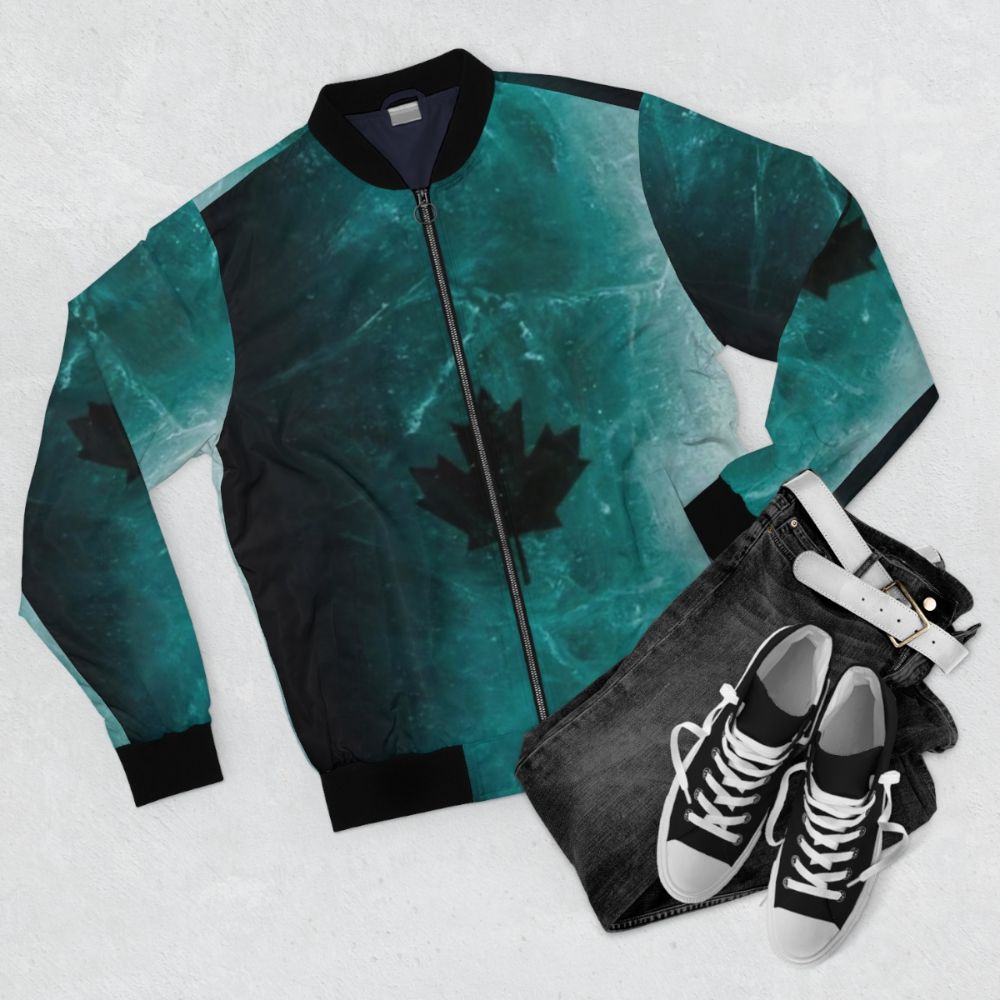 A black and white bomber jacket with an icy, crystal-like pattern and design inspired by video game tactical gear. - Flat lay