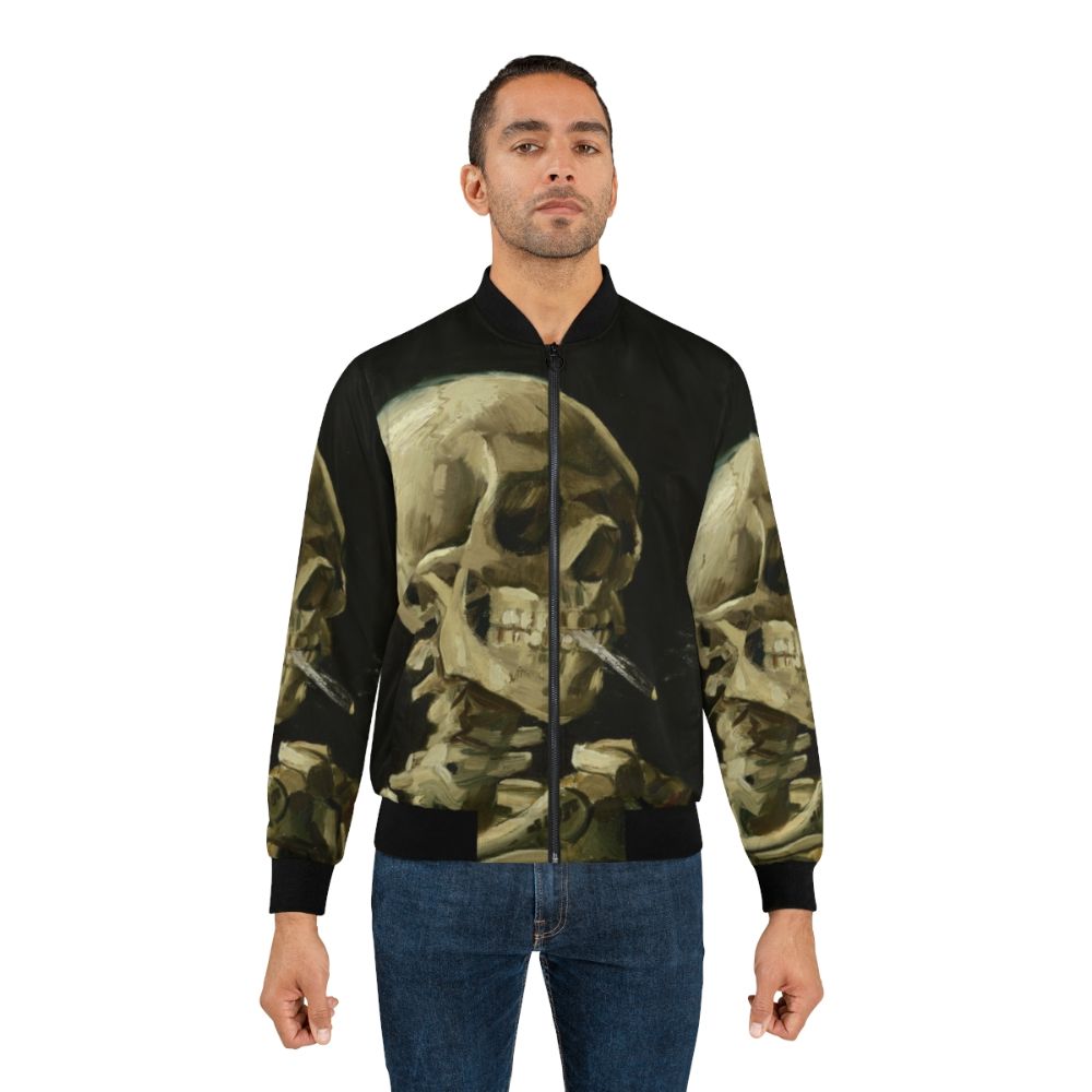 Vincent Van Gogh's famous painting 'Head of a Skeleton with a Burning Cigarette' featured on a high-quality bomber jacket. - Lifestyle