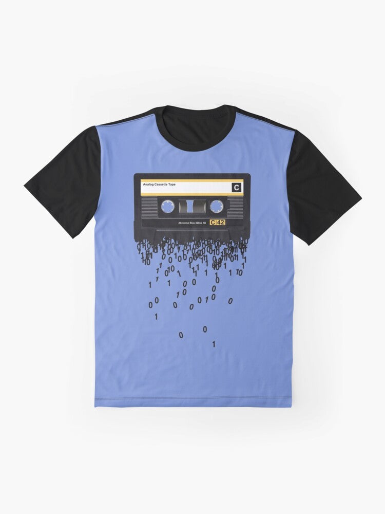 Vintage graphic t-shirt depicting the death of the cassette tape, featuring a retro cassette player and the text "The death of the cassette tape." - Flat lay