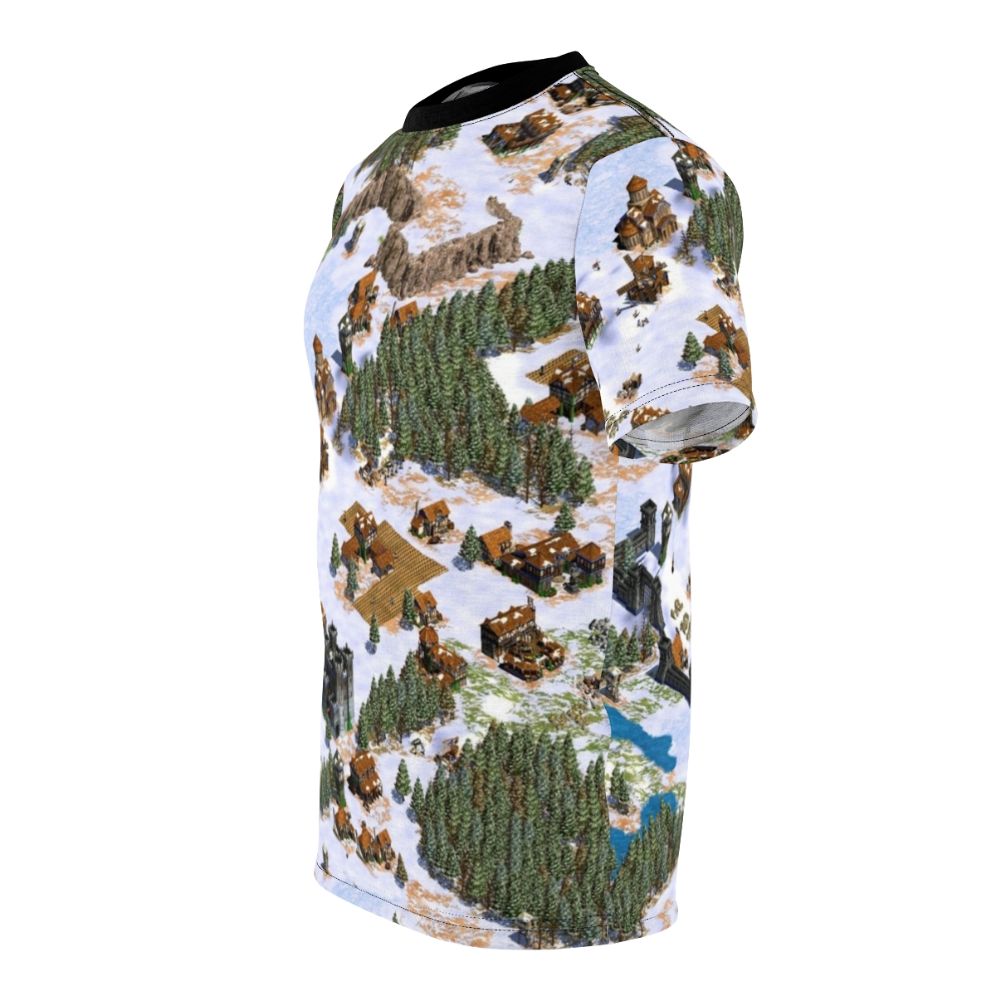 Vintage-style t-shirt featuring a snowy landscape design inspired by the classic real-time strategy game Age of Empires. - men left