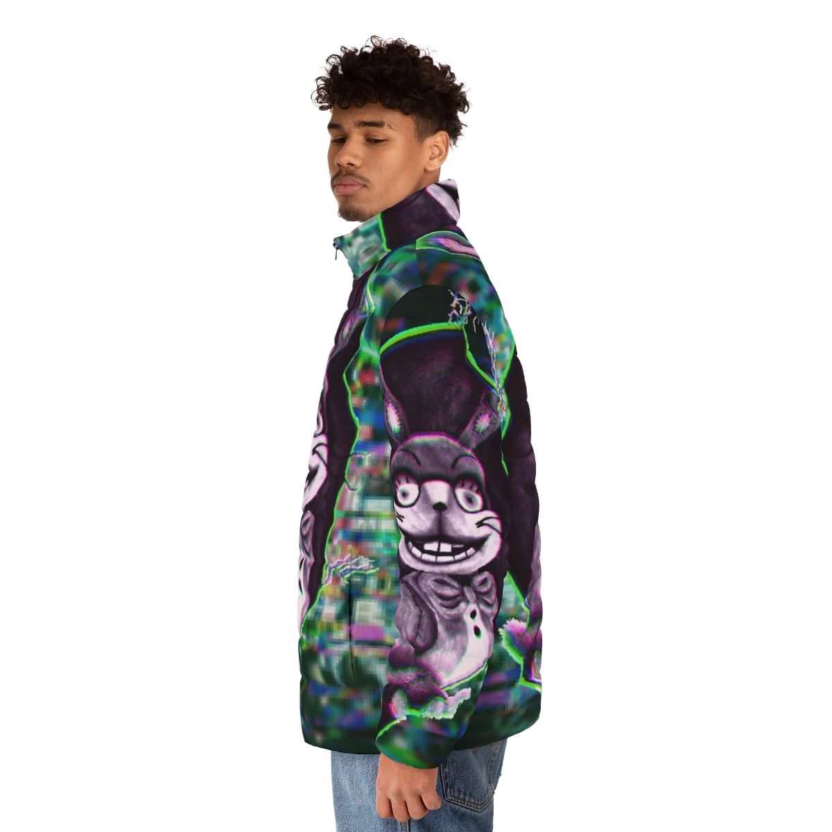 Glitchtrap Puffer Jacket featuring Freddy Fazbear and FNAF Security Breach design - men side left