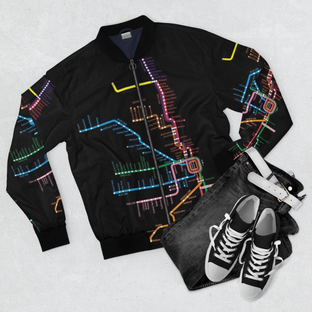 Chicago Trains Map Bomber Jacket featuring a graphic design of the CTA rail map - Flat lay