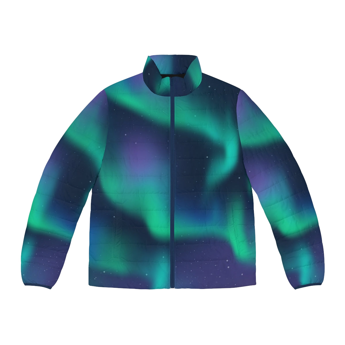 A person wearing a puffer jacket that features the mesmerizing northern lights or aurora borealis in the night sky.