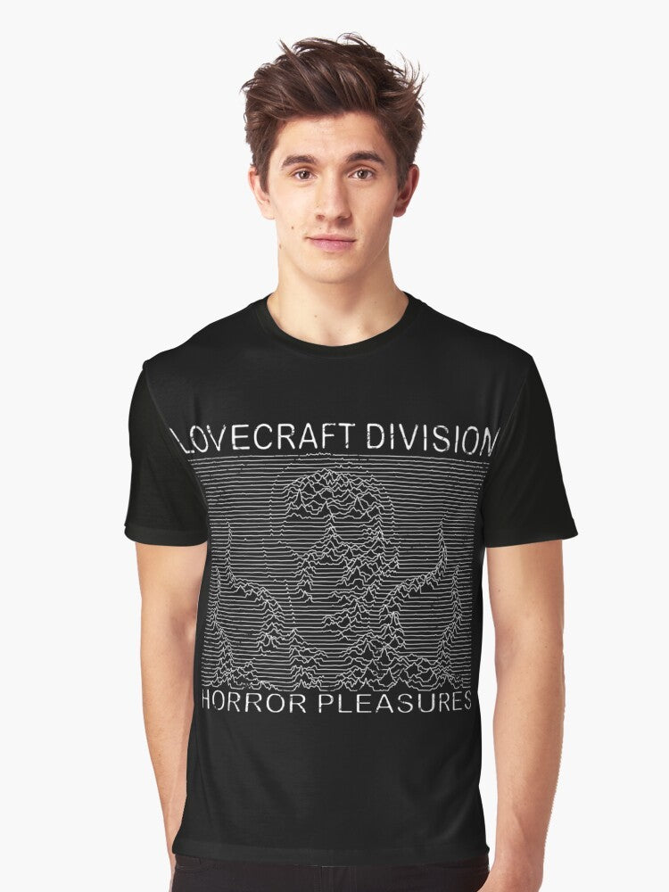 Lovecraft-inspired graphic t-shirt featuring cosmic horror elements like tentacles, monsters, and the Necronomicon. - Men