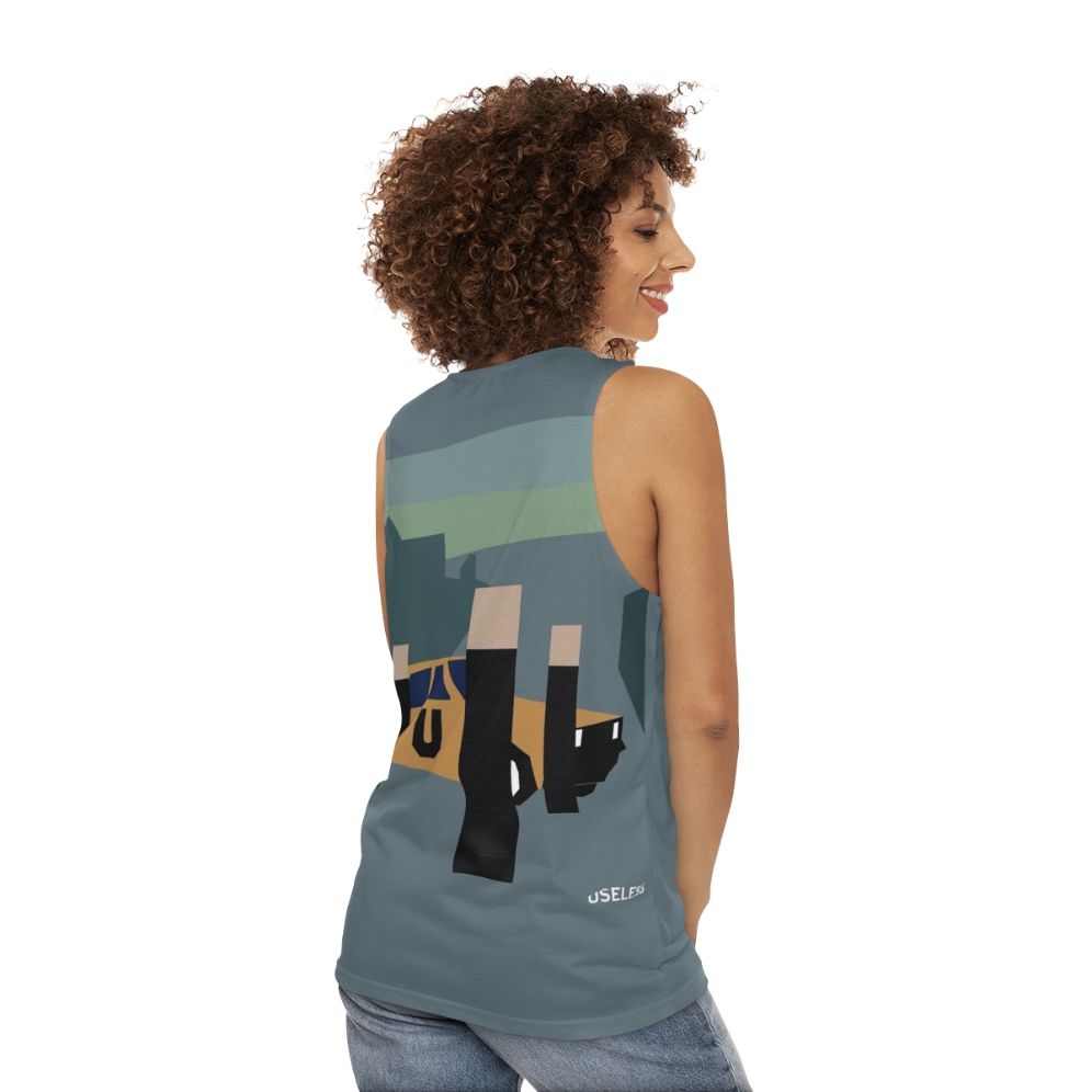 Minimalist unisex tank top with retro electronic music design - women back