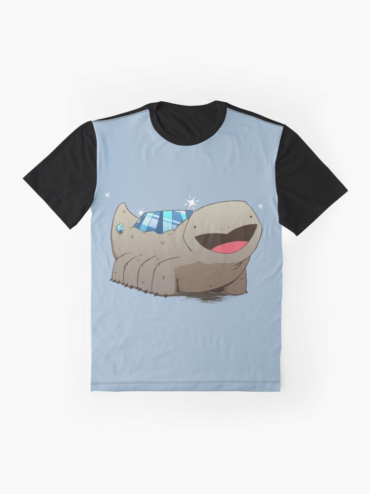 A graphic t-shirt featuring a crystal lizard, a popular enemy from the Dark Souls video game series. - Flat lay