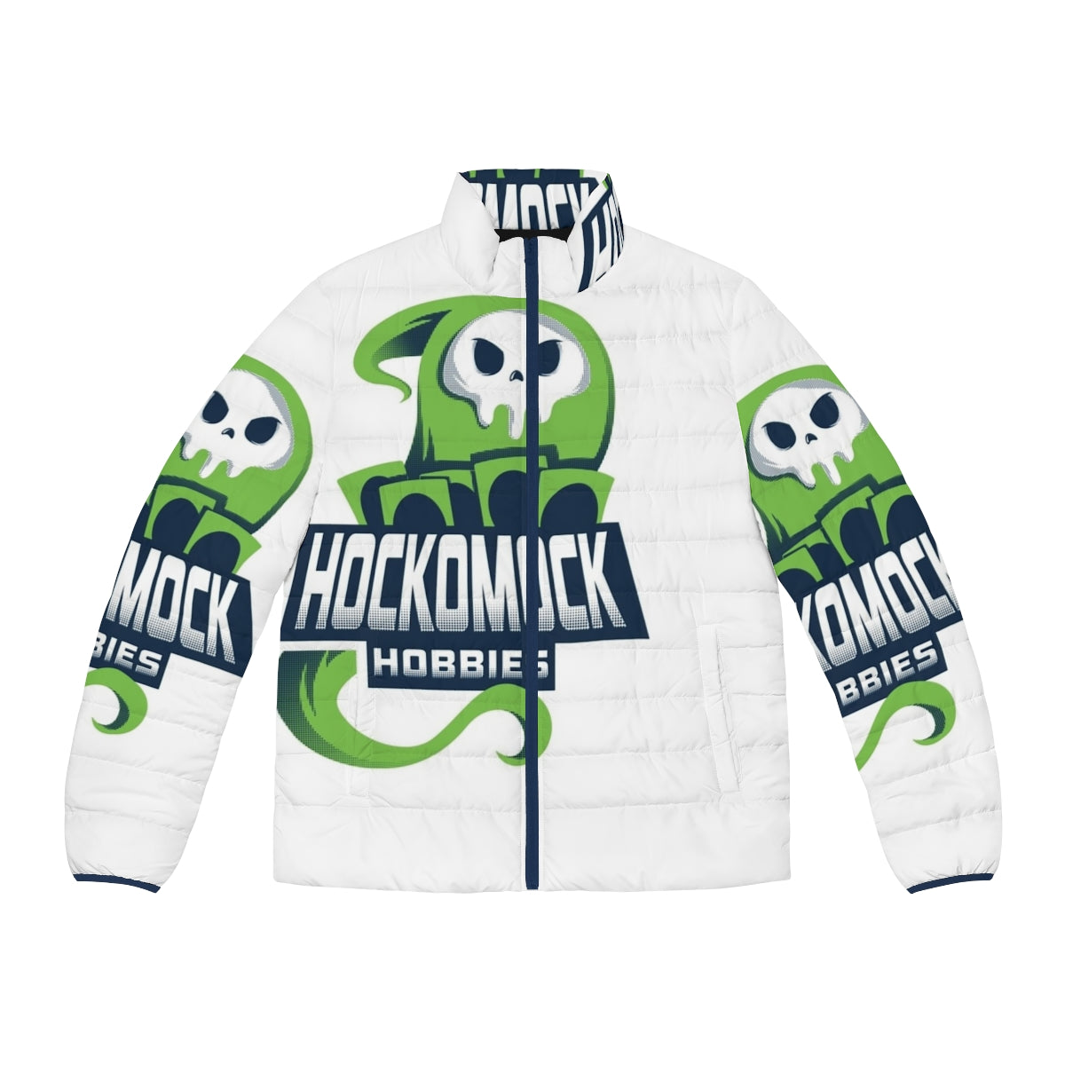 Hockomock Hobbies logo puffer jacket for MTG geeks and nerds