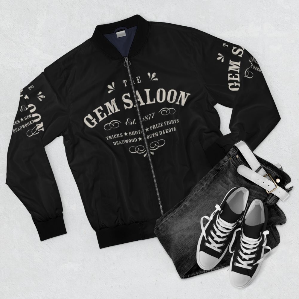 Deadwood bomber jacket with western-inspired typography and design from The Gem Saloon - Flat lay