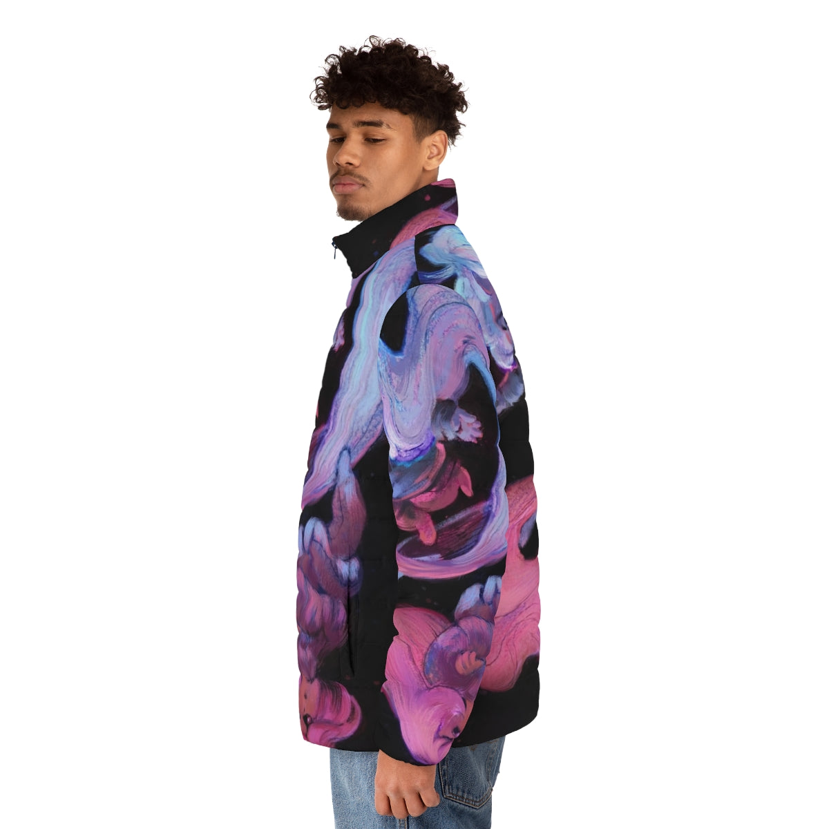 Celeste Puffer Jacket featuring the iconic character Madeline in a space-themed design - men side left