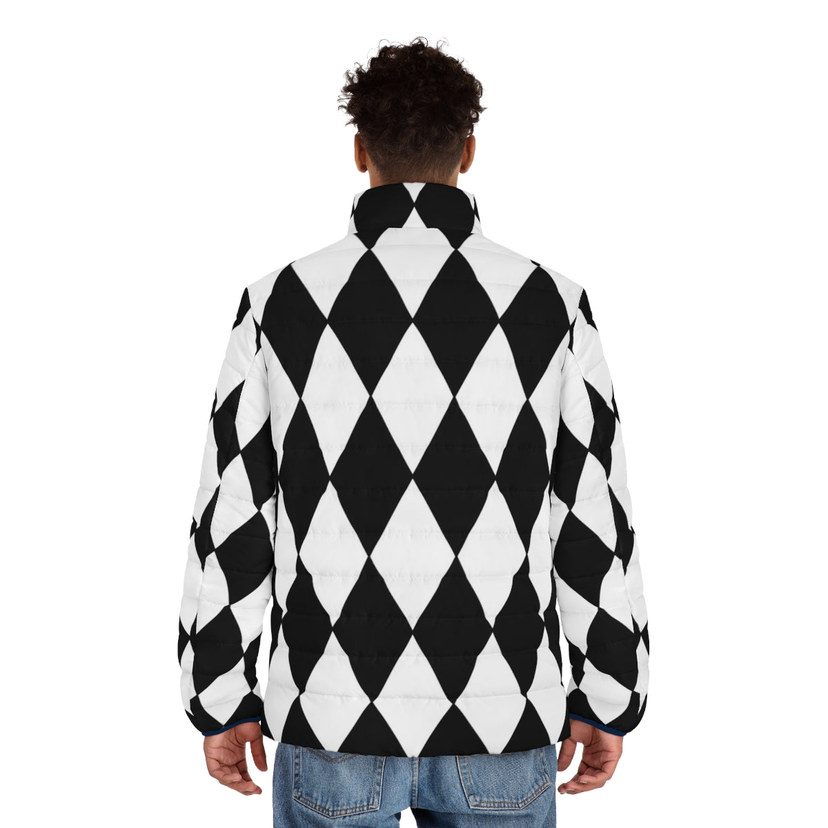 Black and white harlequin puffer jacket with diamond pattern design - men back