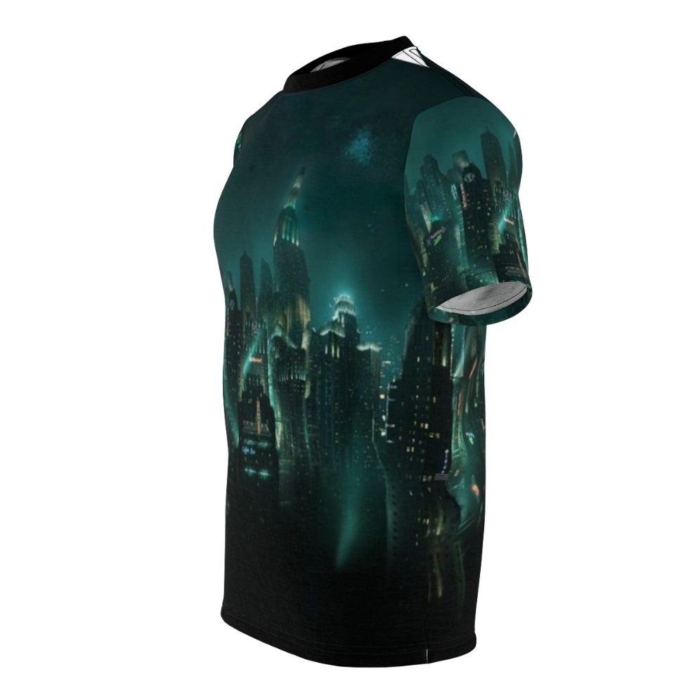 Bioshock-inspired t-shirt featuring the underwater city of Rapture - men left