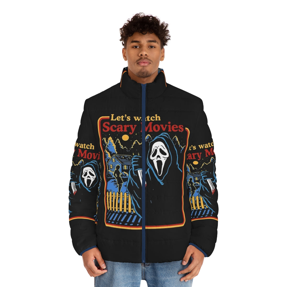 Scary horror puffer jacket with ghost design and "Let's Watch Scary Movies" text - men front