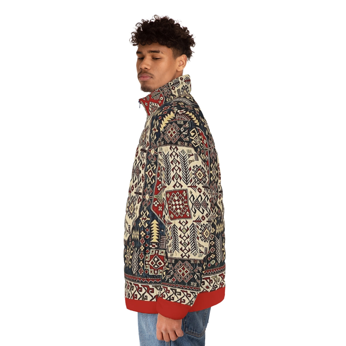 Armenian Folk Art 8 Puffer Jacket featuring traditional Armenian floral design and forget me not flowers - men side left