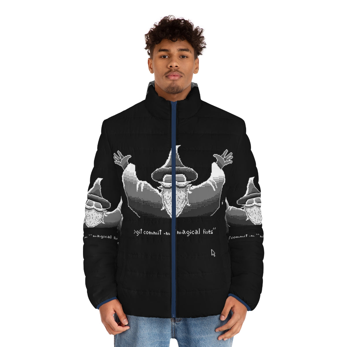 Git Wizard Puffer Jacket featuring retro pixel art and monochrome design - men front