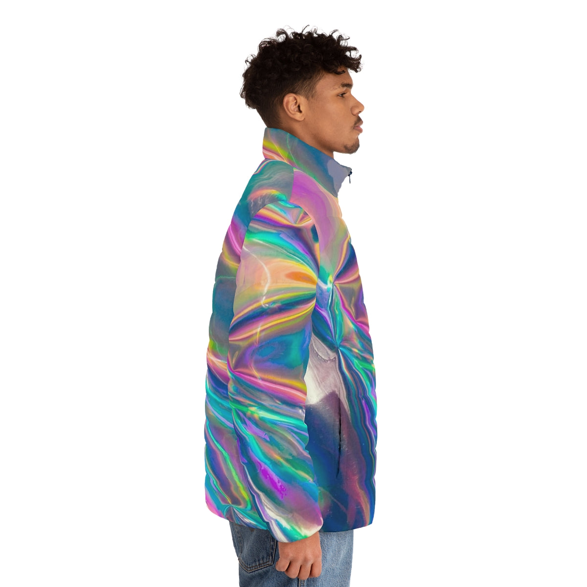 Holographic puffer jacket in vibrant rainbow colors - men side right