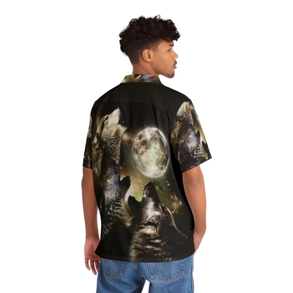 Three wolves howling at the moon on a Hawaiian-style tropical shirt - People Back