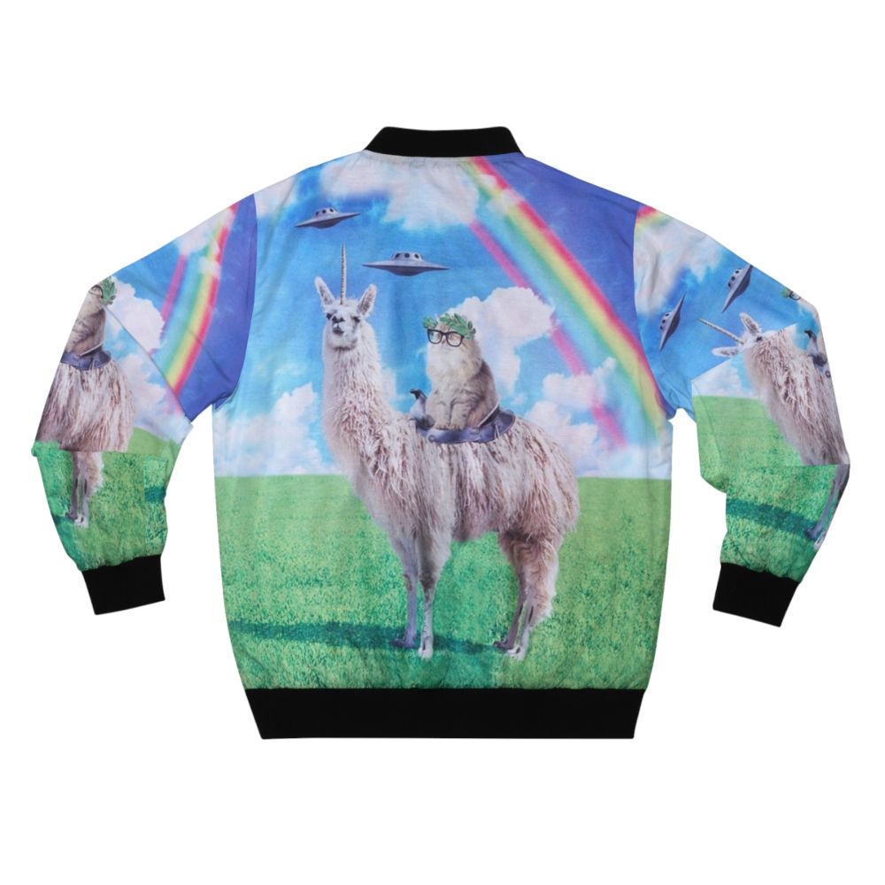 A vibrant bomber jacket featuring a playful design of a cat riding a llama unicorn through a cosmic space scene with rainbows and UFOs. - Back