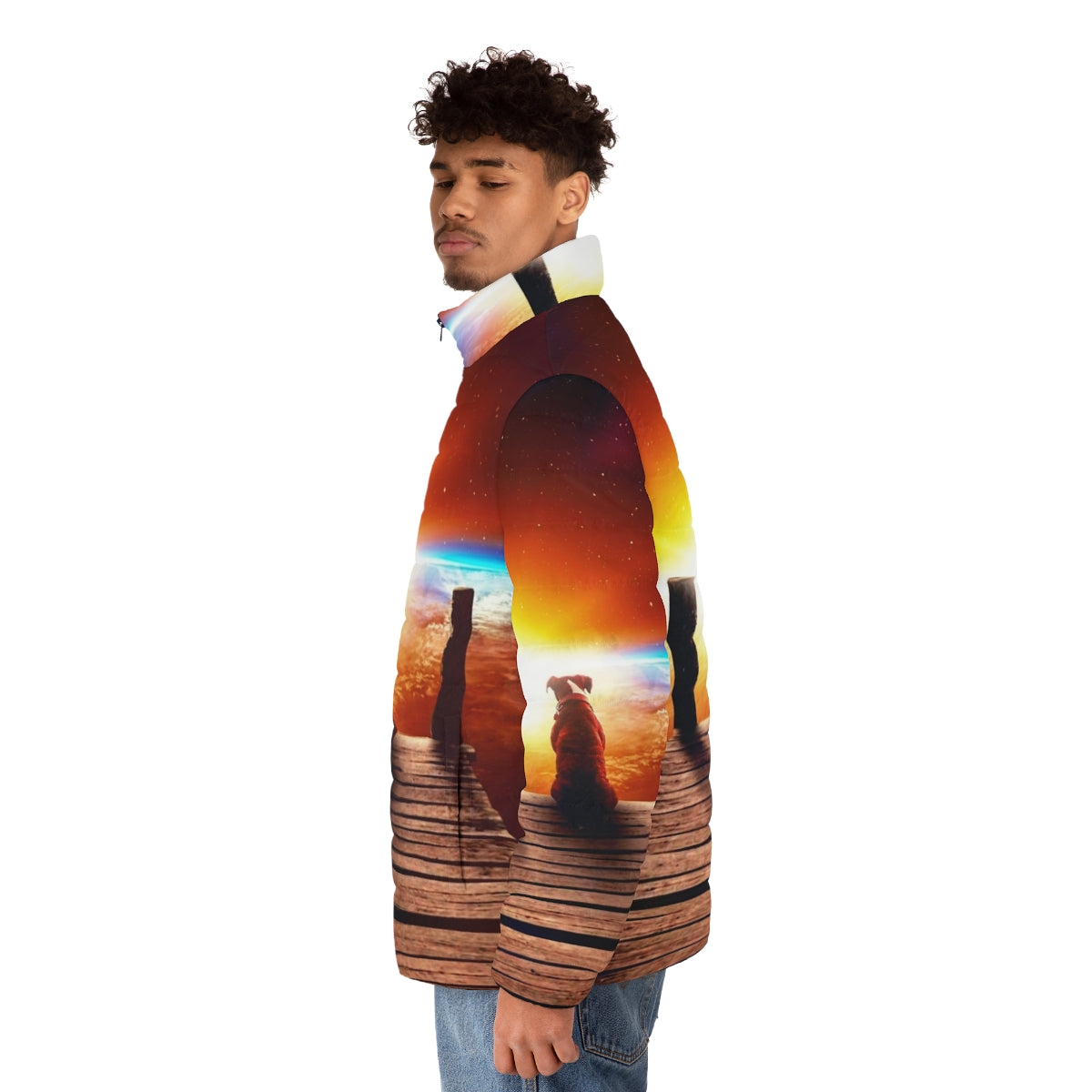 Surreal digital art puffer jacket with a dog in a space-like setting - men side left