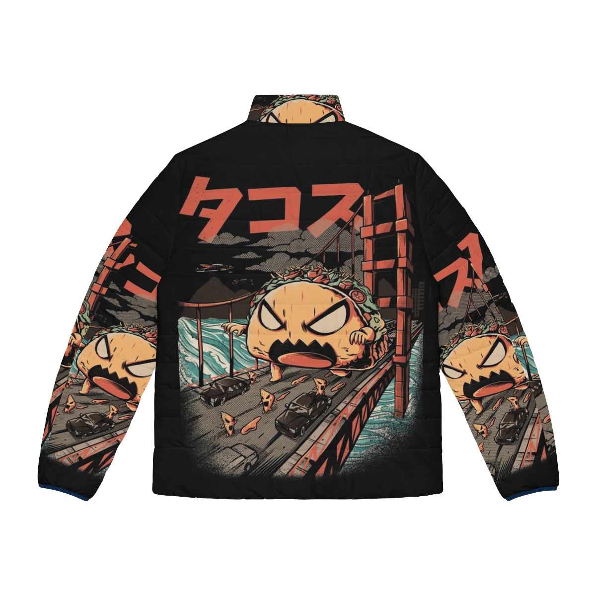 Black Takaiju puffer jacket with Japanese monster design - Back