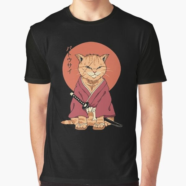 Neko Battousai graphic t-shirt featuring a cat samurai with a sword against a Japanese art inspired background