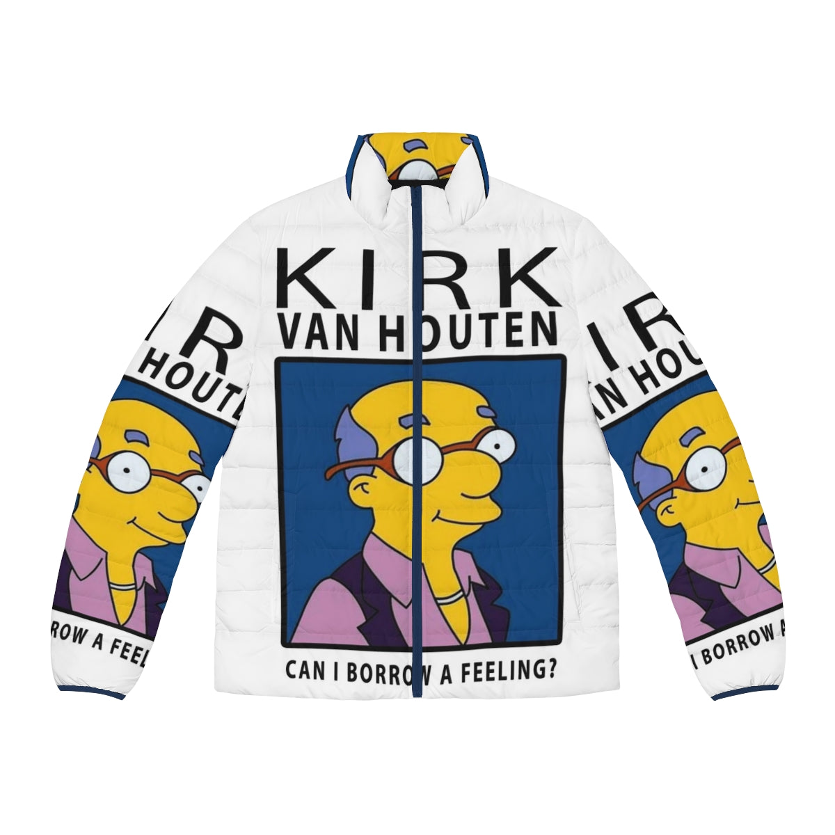 A puffer jacket featuring the iconic "Borrow a Feeling" quote from The Simpsons character Kirk Van Houten.