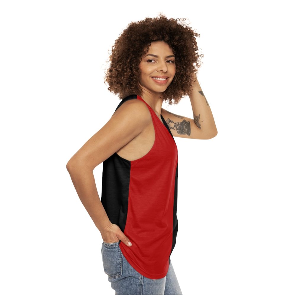 Harlequin two-tone black and red unisex tank top - women side