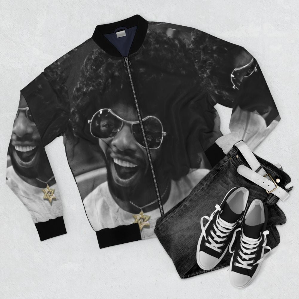 Sly Stone in the Studio Bomber Jacket featuring music, musician, and recording studio imagery - Flat lay