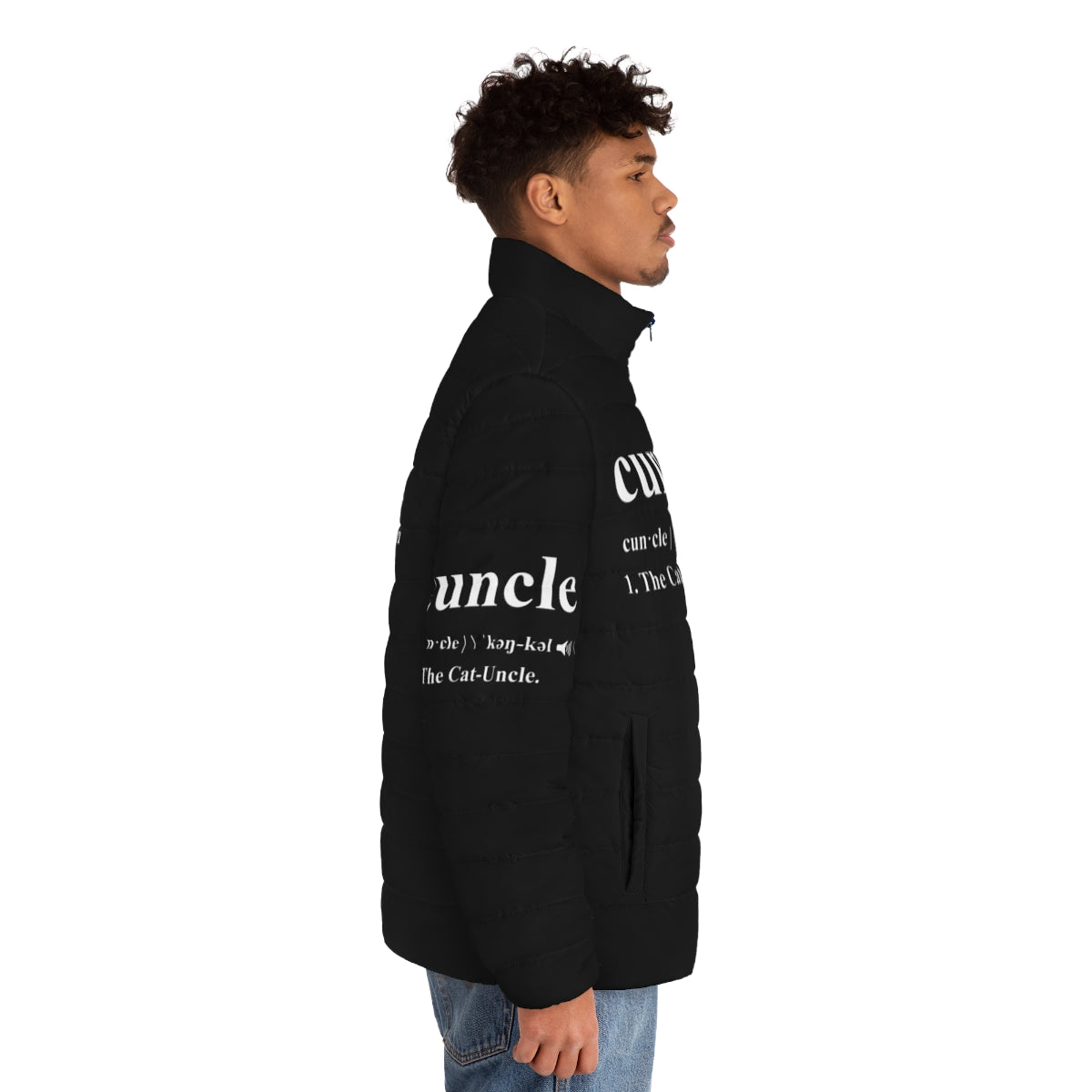 Cat uncle cuncle wearing a cozy puffer jacket - men side right