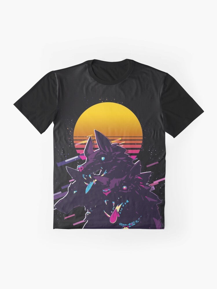 A retro-style graphic t-shirt featuring the three-headed dog Cerberus, the guardian of the Underworld in Greek mythology. - Flat lay