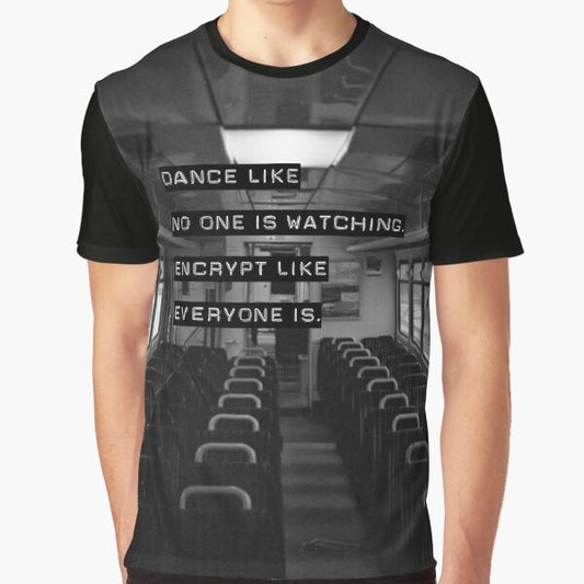 A black and white graphic t-shirt with the text "Encrypt like everyone is watching" and a computer security-themed design.