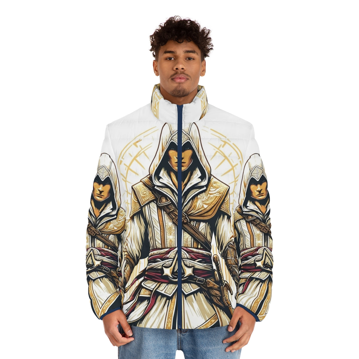 Assassin's Creed inspired puffer jacket with bright colors and historical motifs - men front