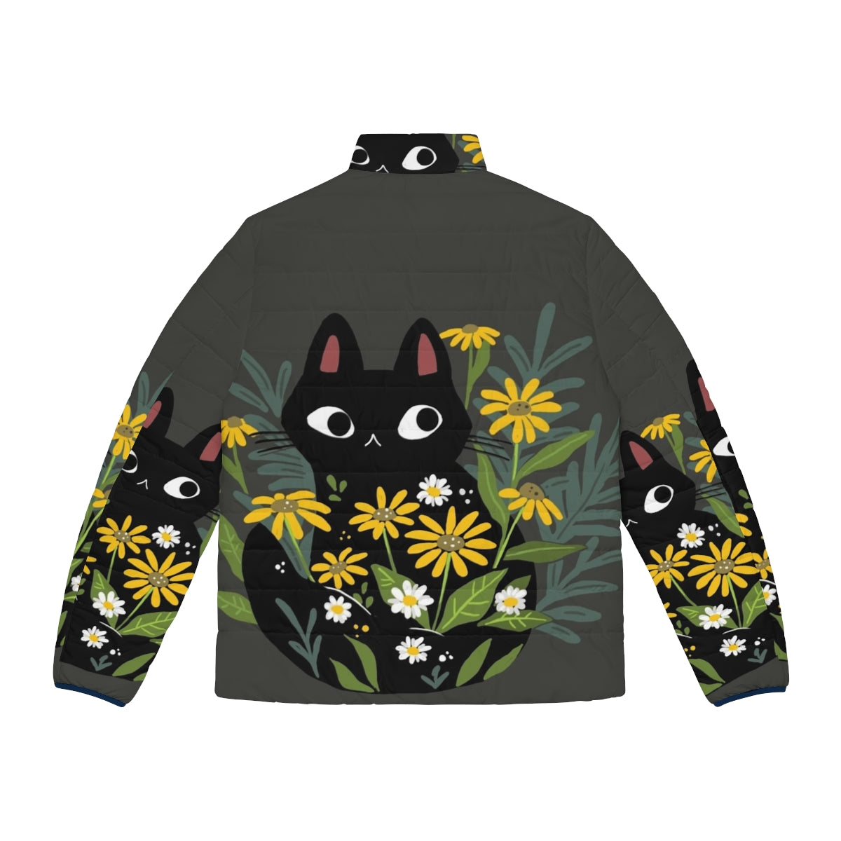 Black cat puffer jacket with colorful flowers - Back