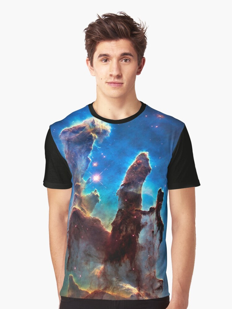 Pillars of Creation space science graphic t-shirt featuring the famous Hubble telescope image of the Eagle Nebula - Men