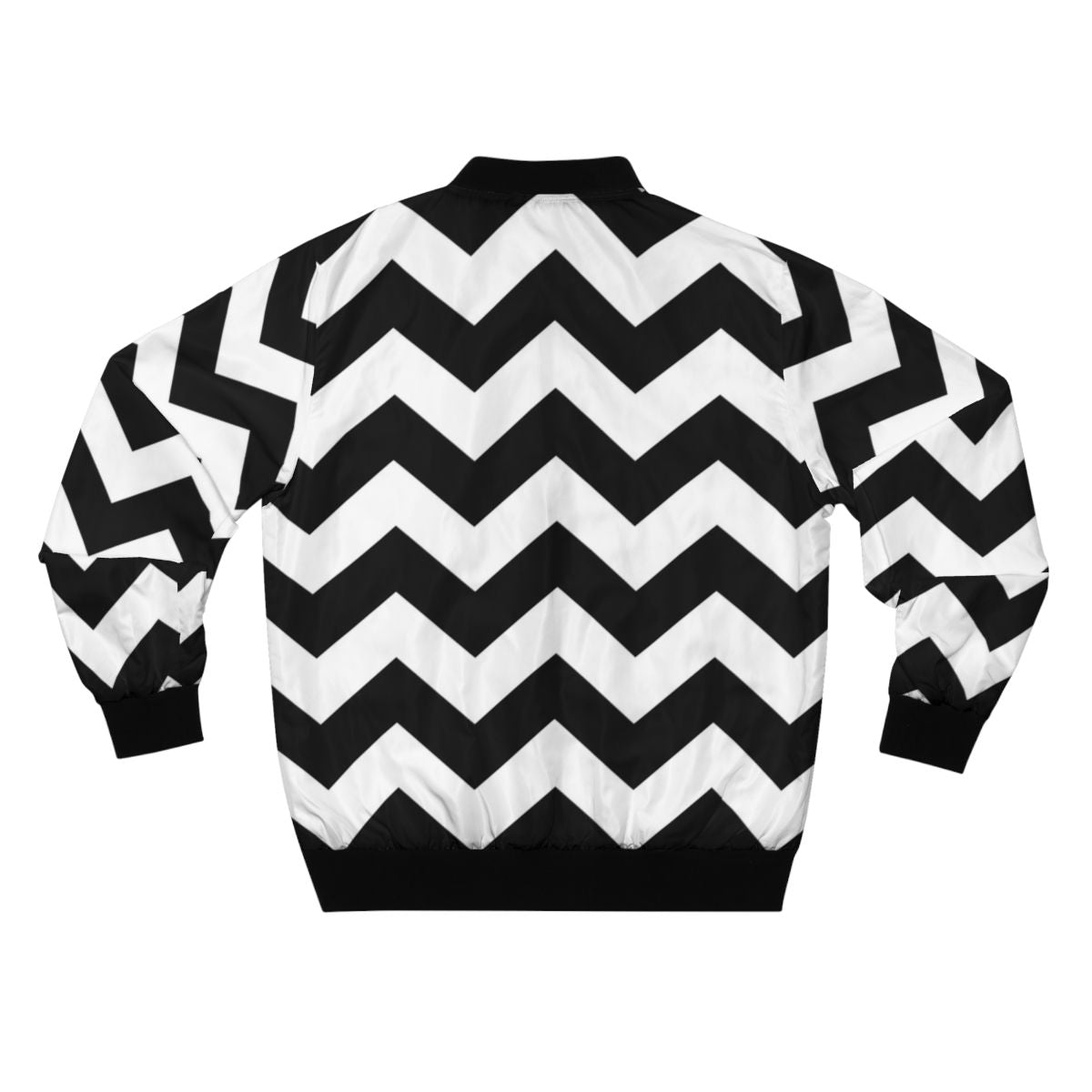 Sleek and stylish zig zag pattern bomber jacket in classic black and white colors. - Back