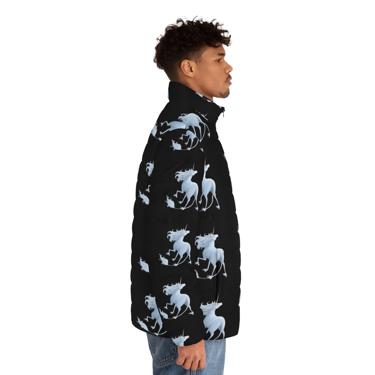 "The Last Unicorn" puffer jacket featuring dark, pastel, and gothic unicorn designs - men side right