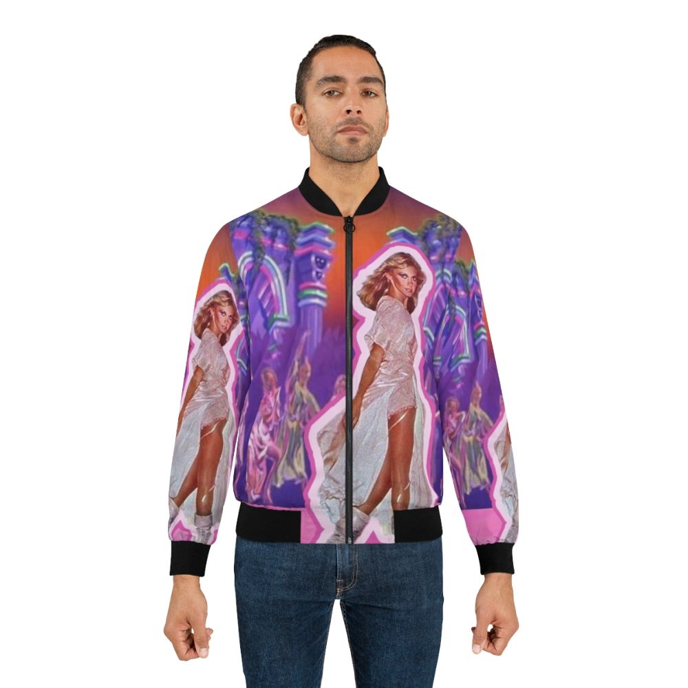 Vibrant bomber jacket featuring a retro Xanadu-inspired design with roller skating muses - Lifestyle