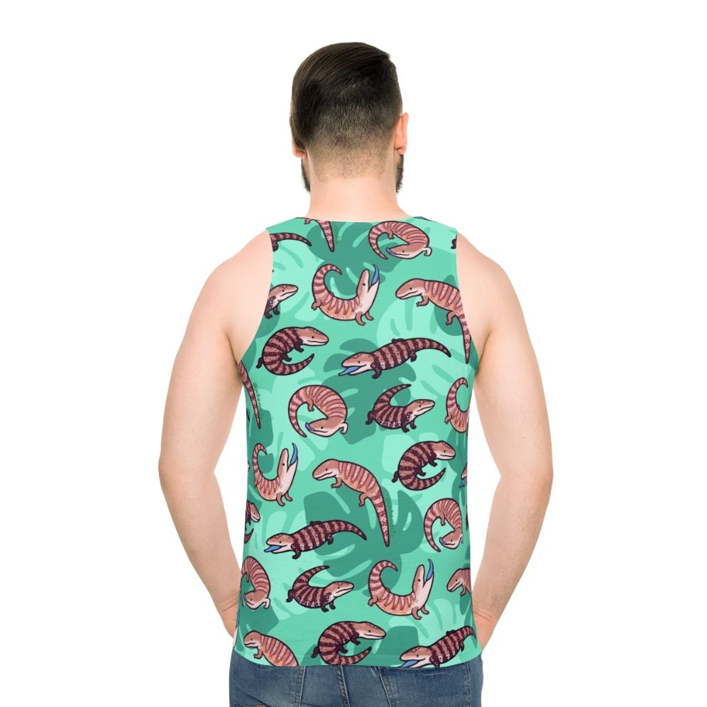 Blue tongue skink cartoon design on unisex tank top - men back