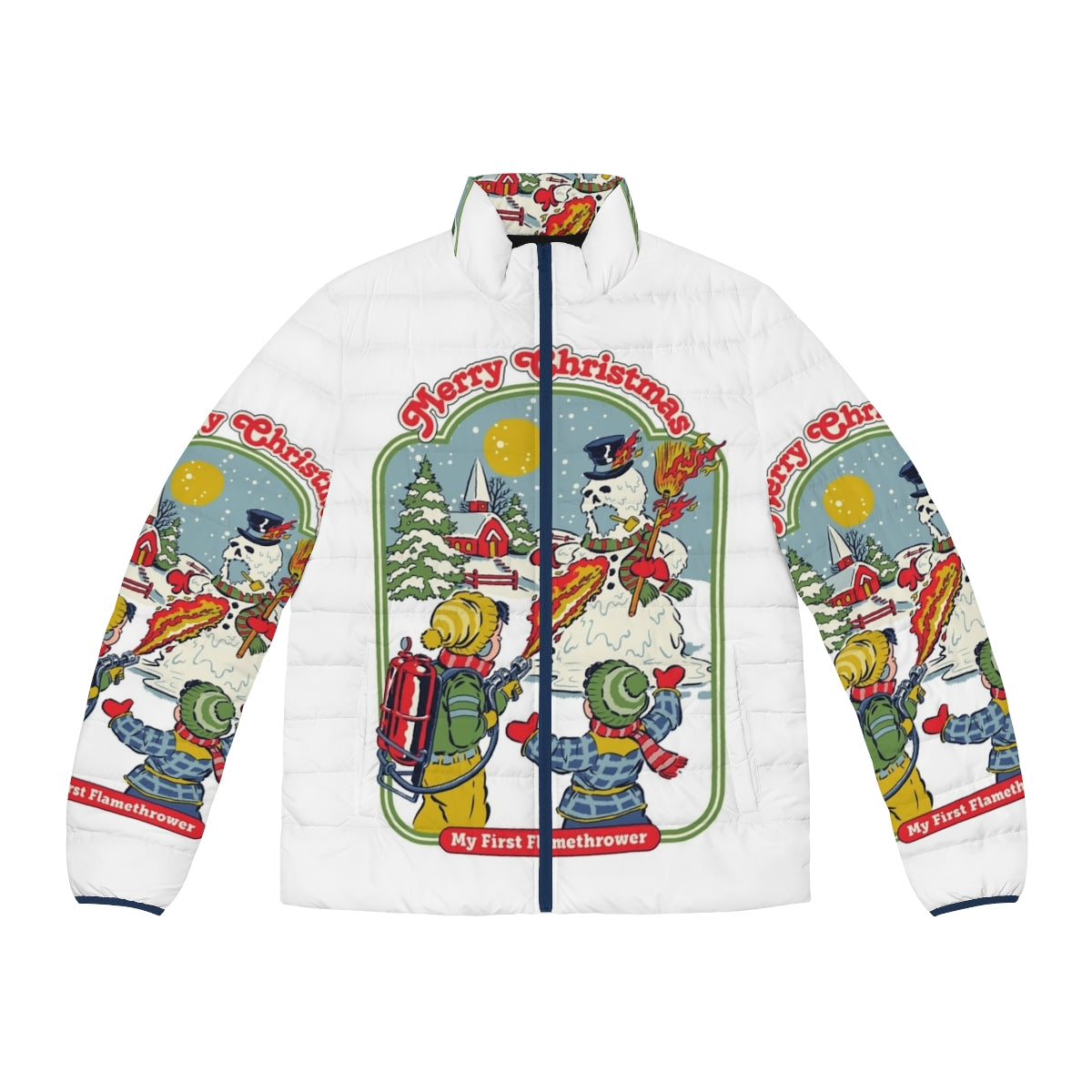 Retro funny flamethrower puffer jacket with winter, holiday, and nostalgic design