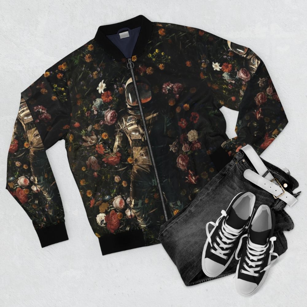 Cosmic and surreal garden-inspired bomber jacket - Flat lay