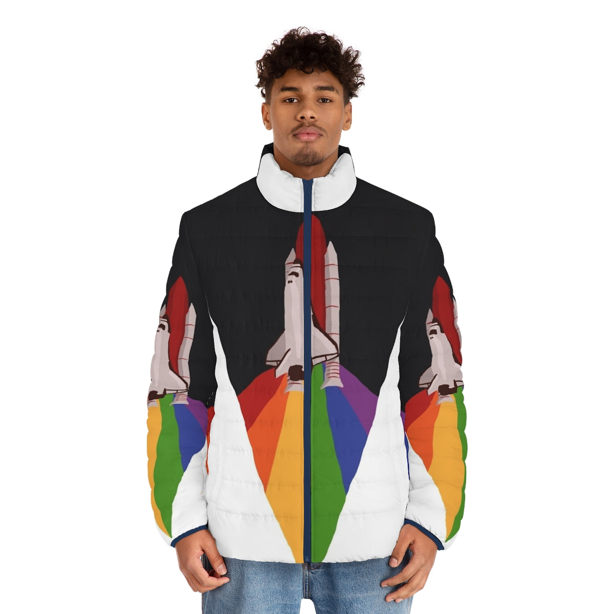 A vibrant puffer jacket with a space shuttle design, perfect for LGBTQ+ pride and NASA enthusiasts. - men front