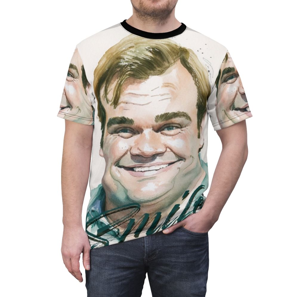 Colorful watercolor art of Chris Farley's iconic character Matt Foley on a t-shirt - men front