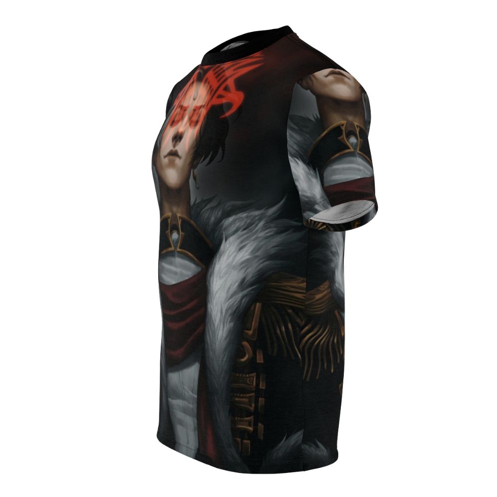 "Ascian Paragon Inspired AOP T-Shirt featuring characters and imagery from the Final Fantasy 14 Shadowbringers expansion" - men left