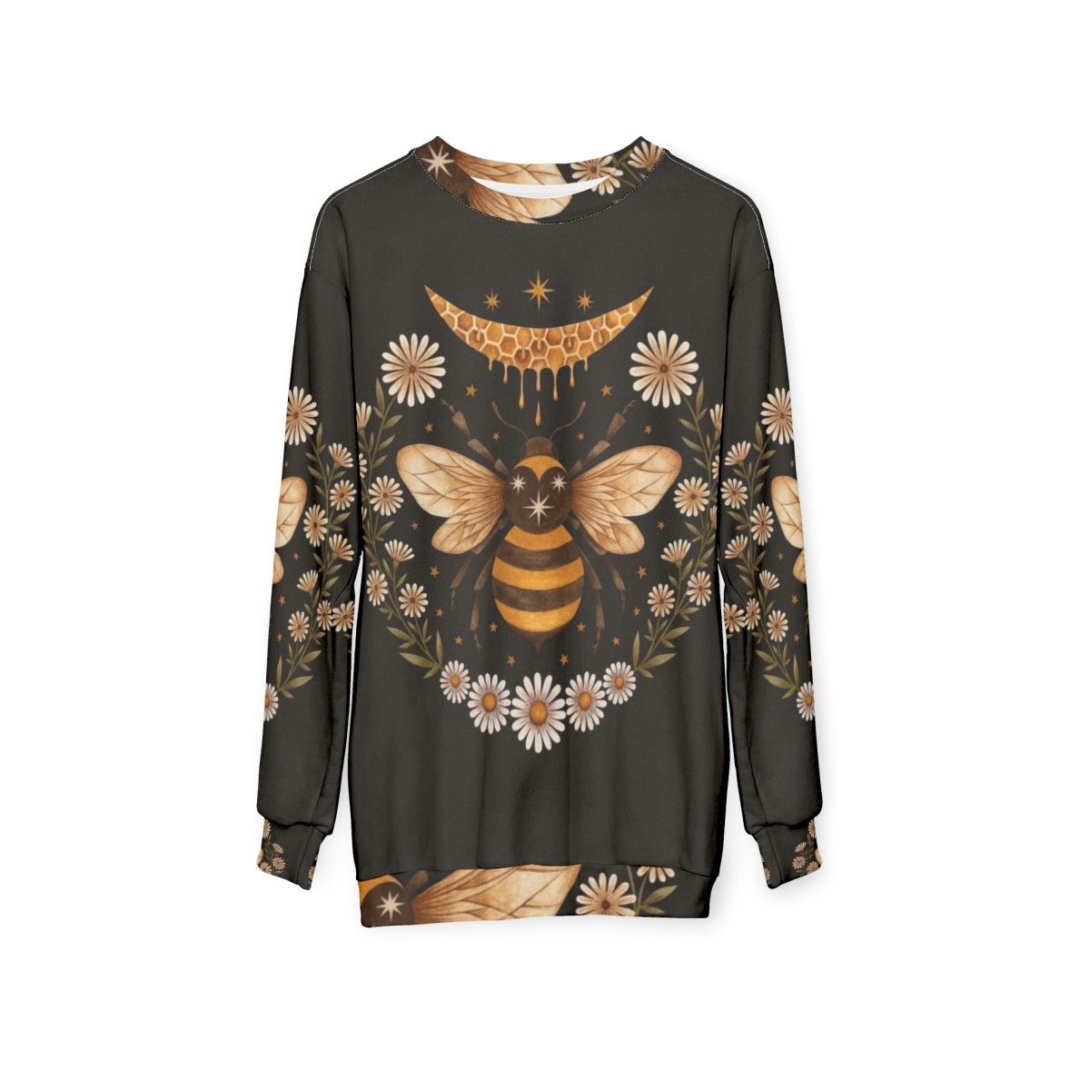 Honey Moon Witch Sweatshirt with Floral Honeycomb and Crescent Moon Design - hanging