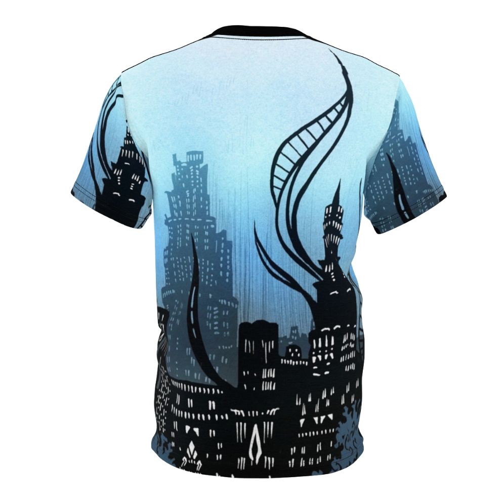 Amaurot inspired fantasy art all-over-print t-shirt featuring elements from Final Fantasy XIV Shadowbringers - Back