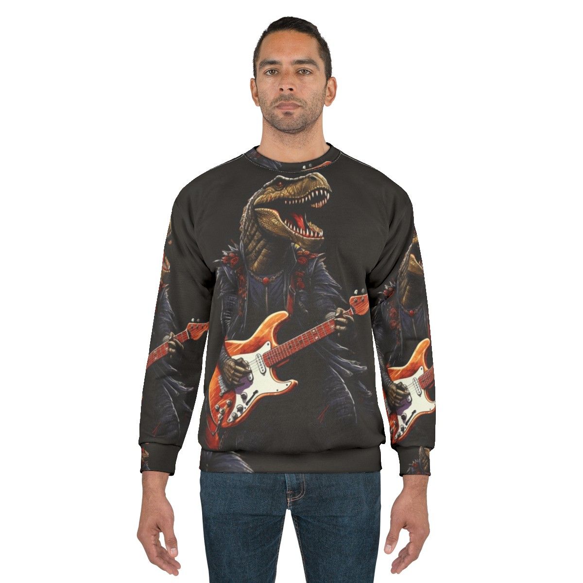 Dinosaur playing guitar illustration on a sweatshirt - men